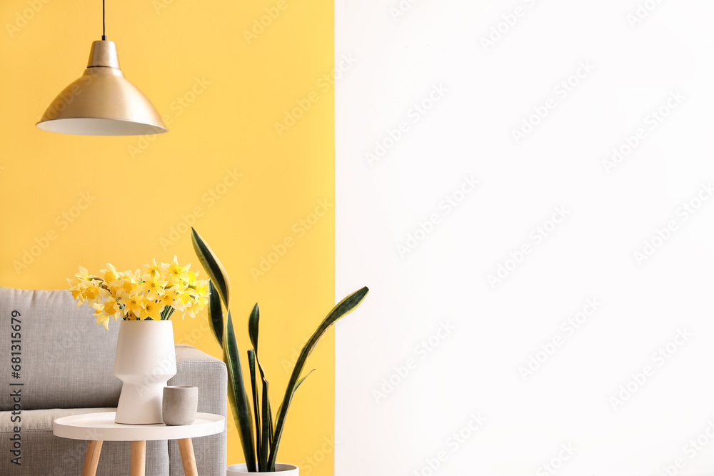 Cozy grey sofa and vase with beautiful narcissus flowers near yellow wall