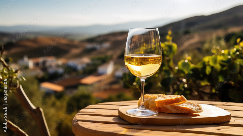 glass of wine, Glass of white wine on a barrel in the countryside. 