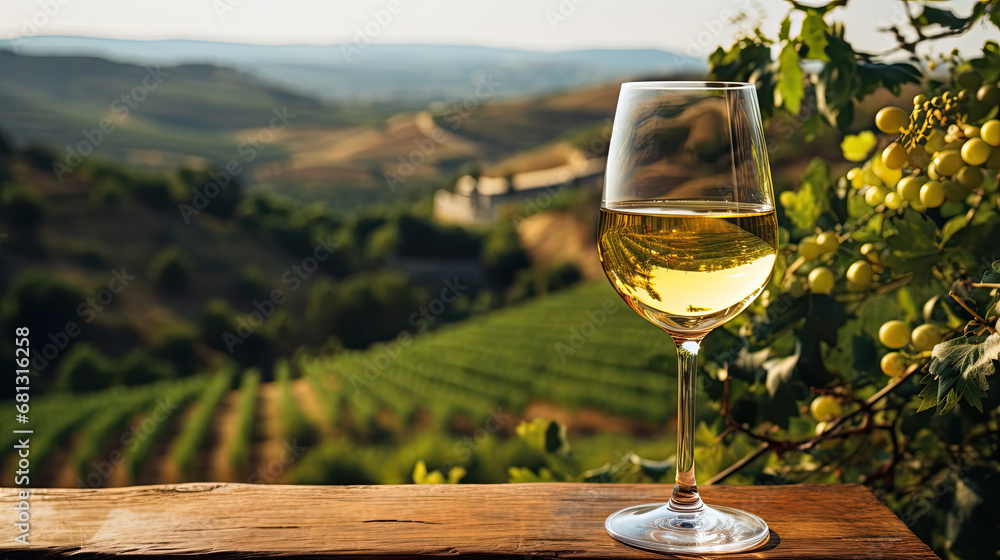 glass of wine, Glass of white wine on a barrel in the countryside. 