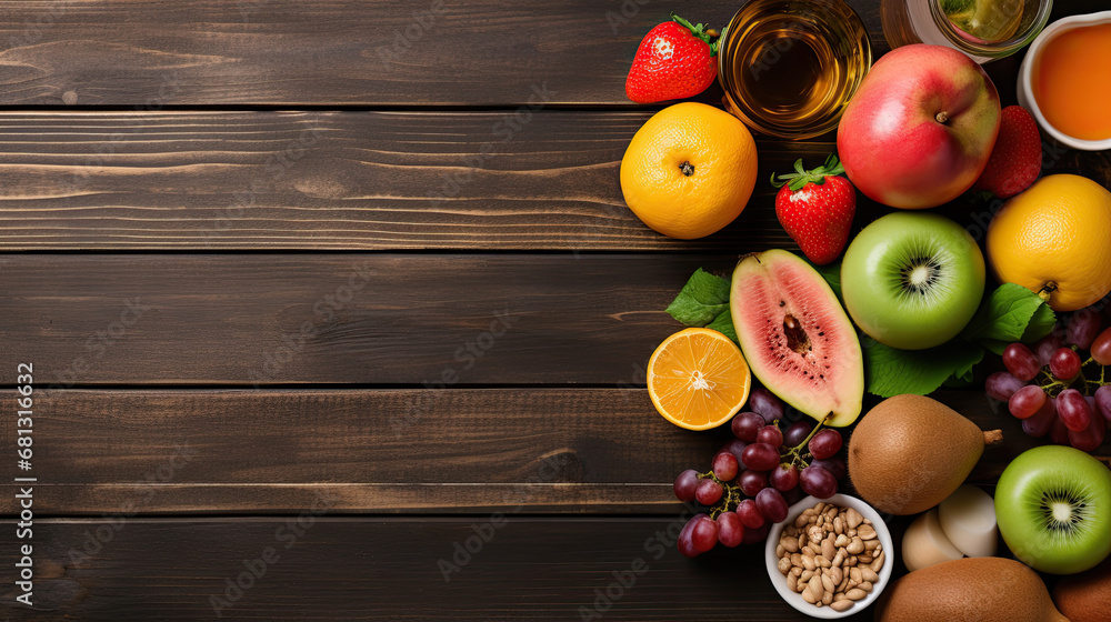 Fitness concept, weight plates, dumbbells, sandwich, fruits and orange juice on wooden background, top view , flat lay