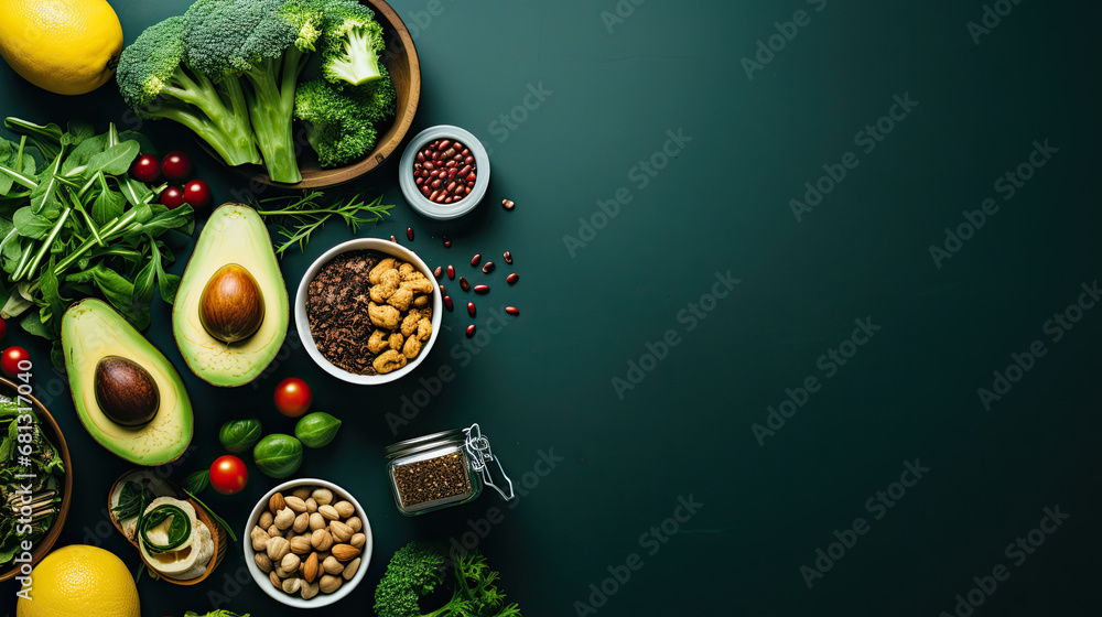 fitness and a healthy food lifestyle is depicted in a flatlay image with dumbbells, a diet lunch  on dark baackground, top view, flat layout