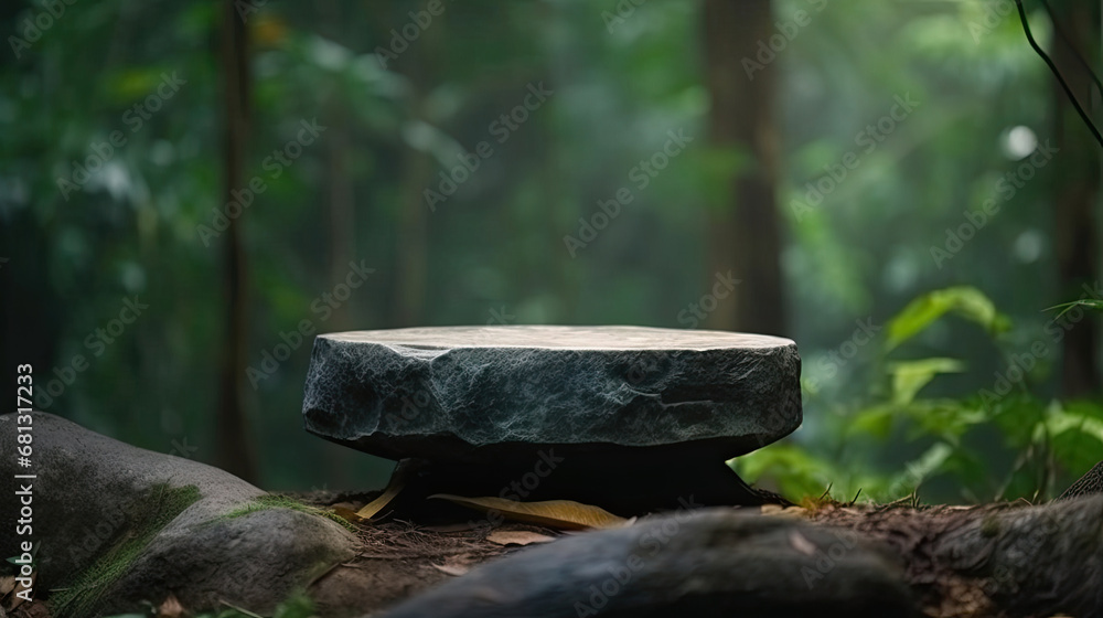 Natural stone and concrete podium in Natural green background for Empty show for packaging product presentation. Background for cosmetic products, the scene with green leaves. Mock up the pedestal.