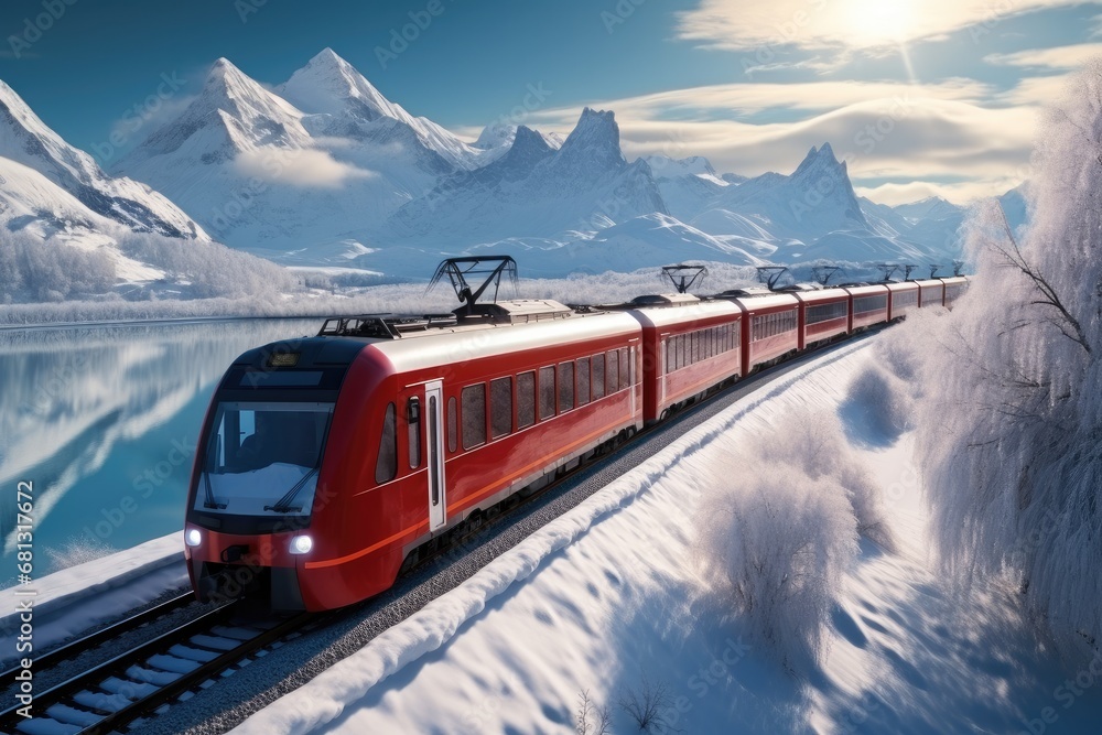 Red train traverses the magnificent snow-capped mountains, Aerial high view.