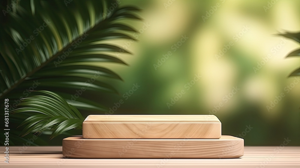 Natural wood podium with green palm leaf in white and greenmarble interior with sunlight and shadow. Showcase for cosmetic products, goods, shoes, bags, watches.