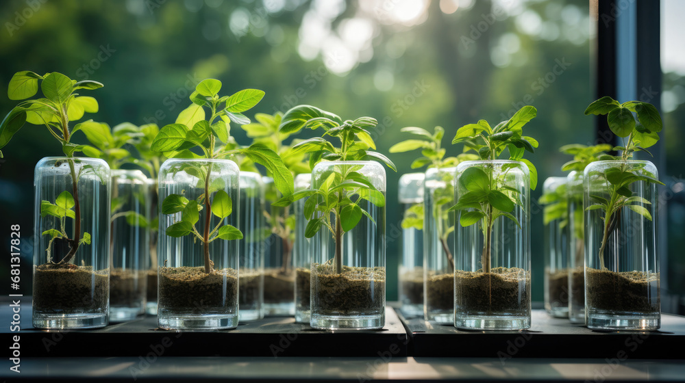 plants in a garden, seedlings in tubes in  greenhouse, Many green plants in test tubes 