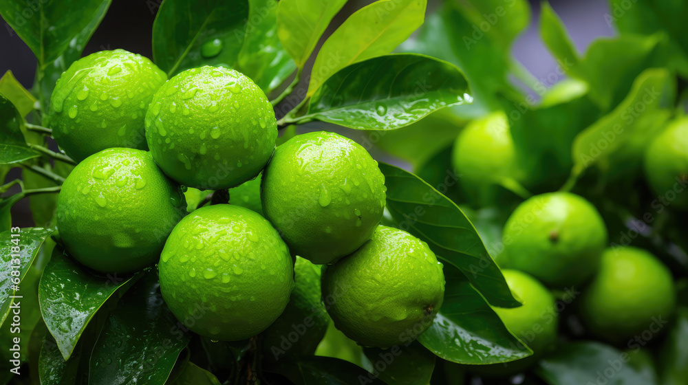 fresh Green limes on a tree on green background