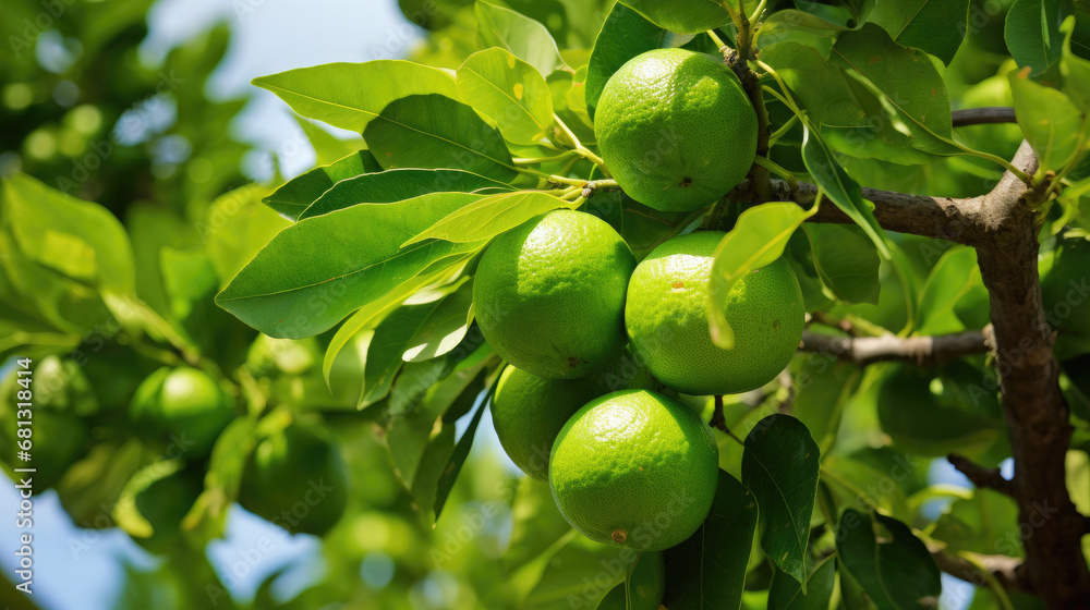 fresh Green limes on a tree on green background