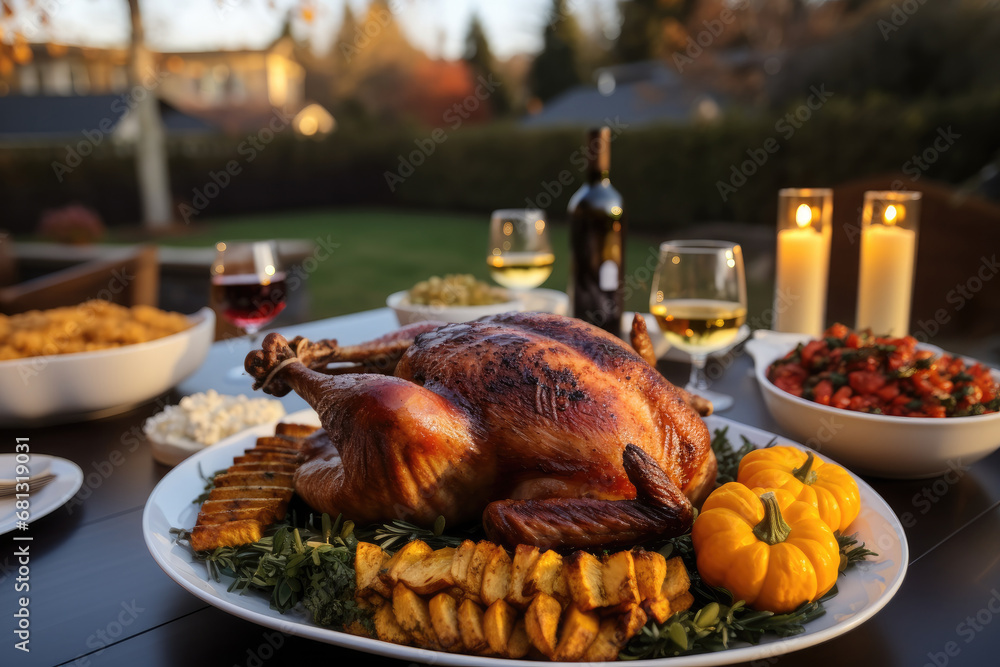 Outdoor thanksgiving dinner setup, Roasted turkey at the center.