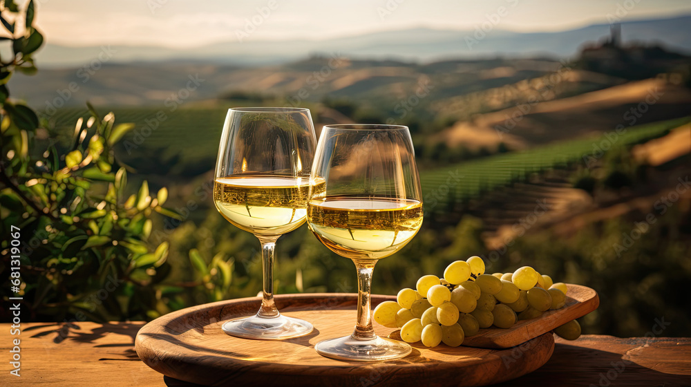 glass of white wine and grapes,Glass of white wine on a barrel in the countryside