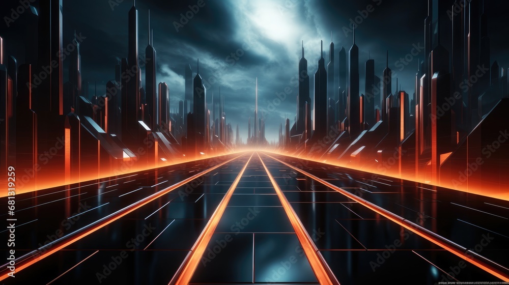 Beautiful abstract futuristic dark background with with many lines neon red glow.