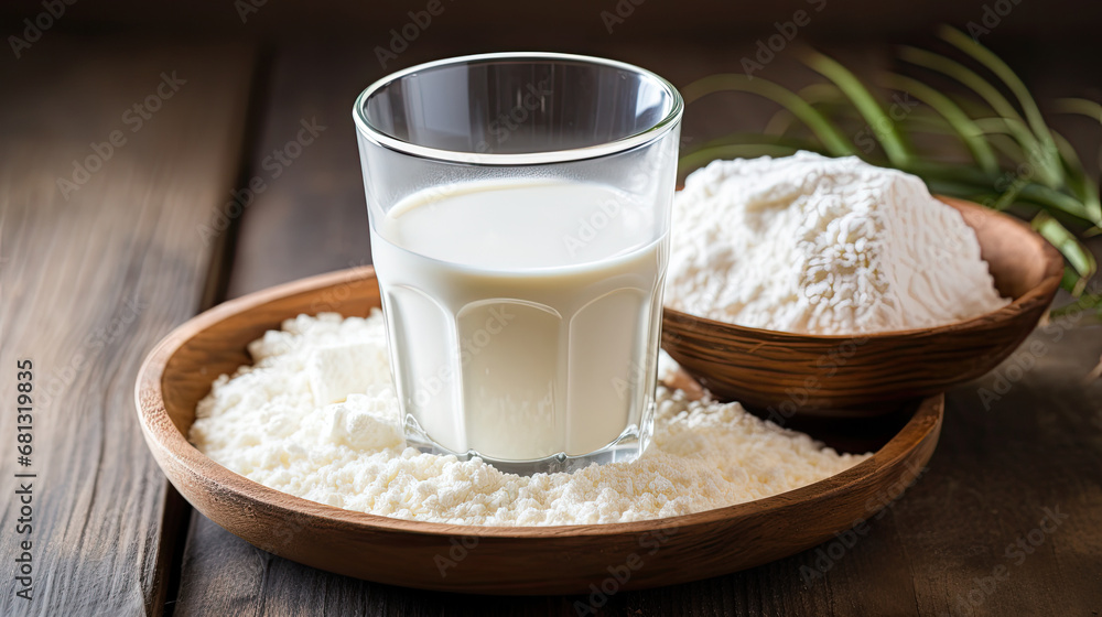 protein powder with milk, Glass of fresh milk and powdered milk or milk powder isolated on white background.