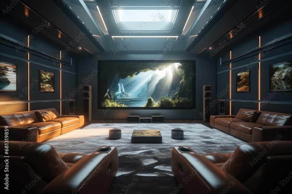 Home cinema room front view.