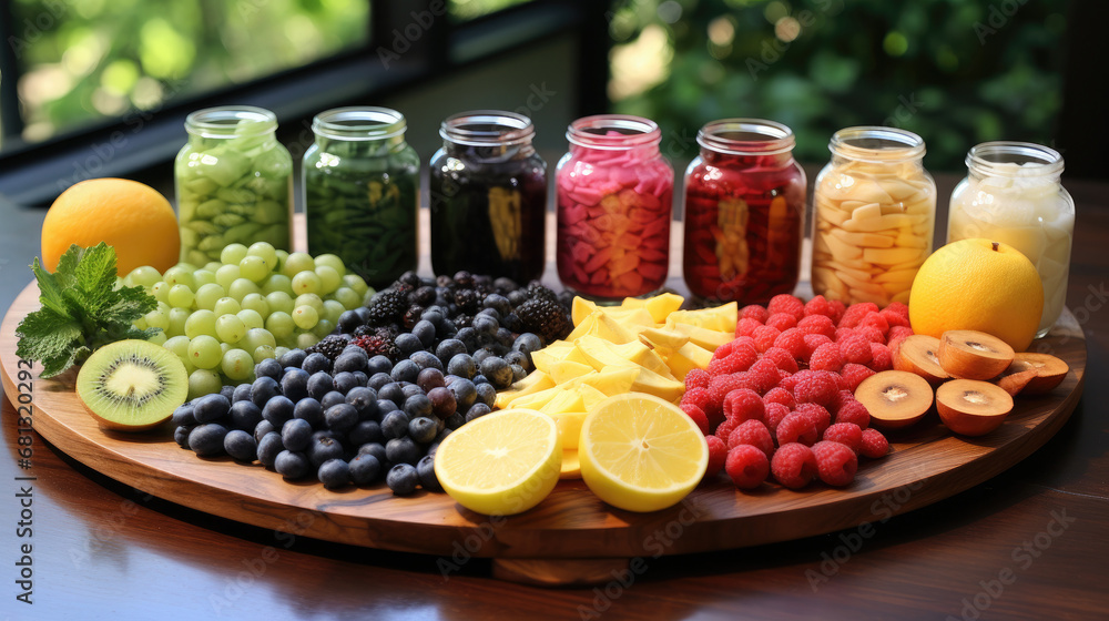 Ingredients fruit in a basket, multiple fruits in one table, fresh fruits.