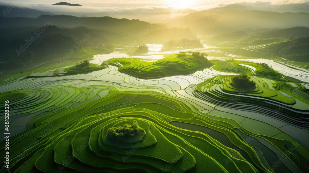 sunrise on paddy field, aerial view, top view, green natire background