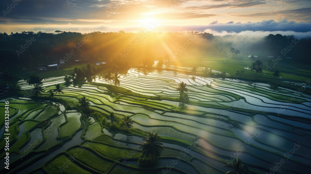 sunrise on paddy field, aerial view, top view, green natire background