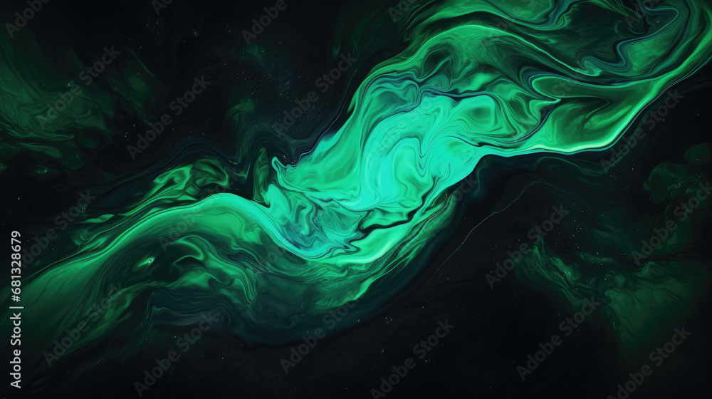 Abstract background with fluid colors in green and black neon, green Waves Abstract background, textured, green marbles, Ink Liquid Modern Abstract Backdrop.