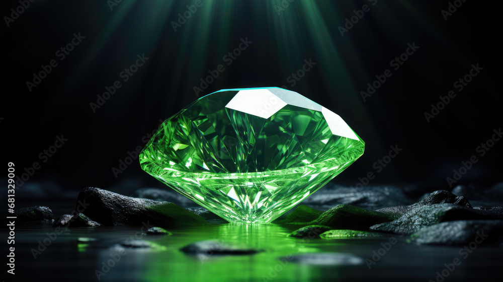 light green Diamond jewel on dark blue background. Beautiful light green gemstone sapphire on a dark background