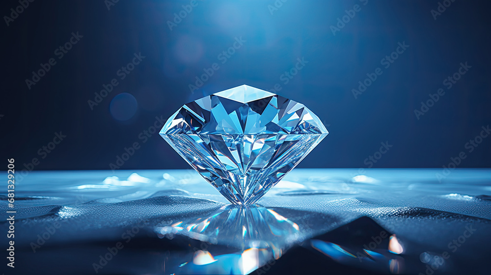 Diamond jewel on dark blue background. Beautiful blue gemstone sapphire on a dark blue background