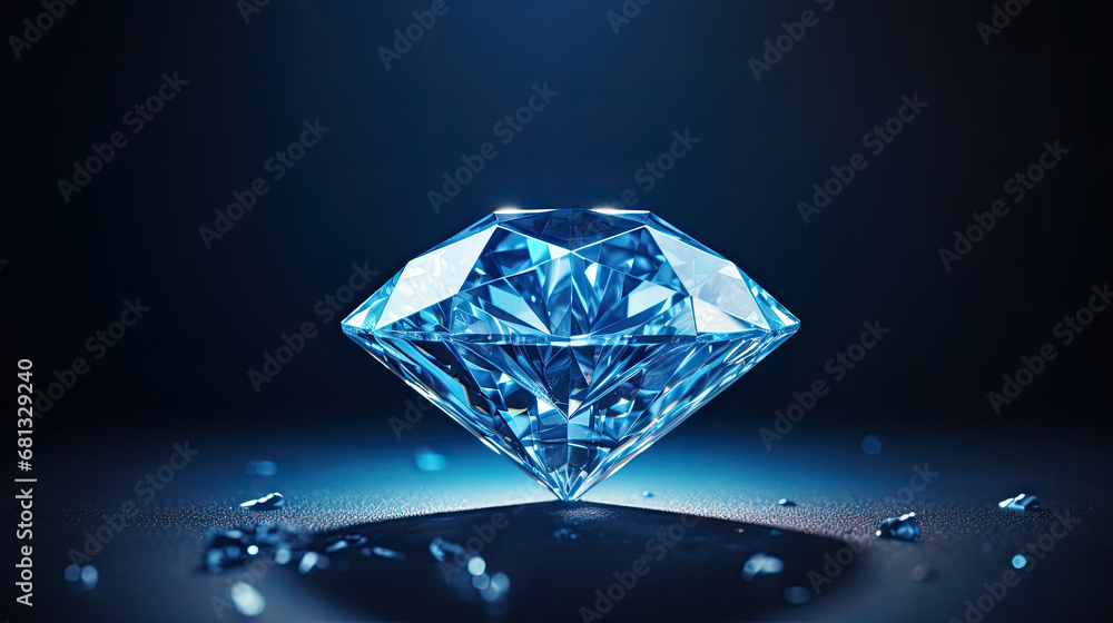 Diamond jewel on dark blue background. Beautiful blue gemstone sapphire on a dark blue background