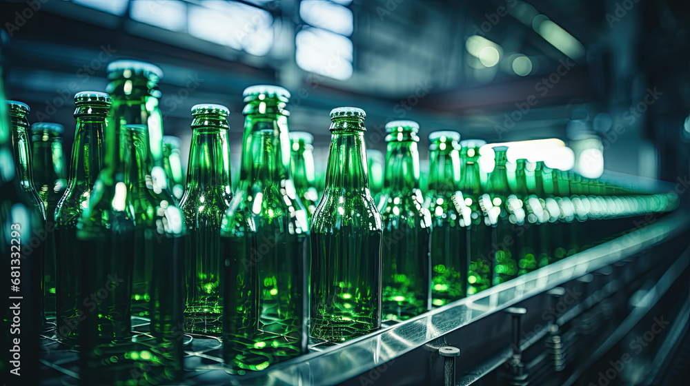 Green beer bottles on the production line, horizontal photo shows group of green beer bottles.factory background