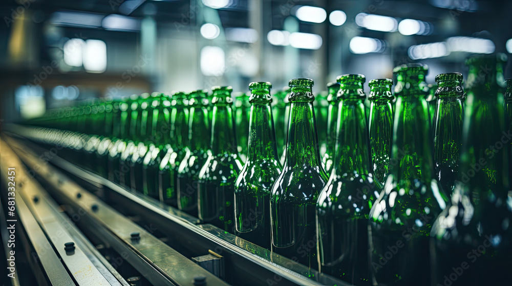 Green beer bottles on the production line, horizontal photo shows group of green beer bottles.factory background