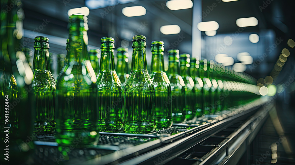 Green beer bottles on the production line, horizontal photo shows group of green beer bottles.factory background