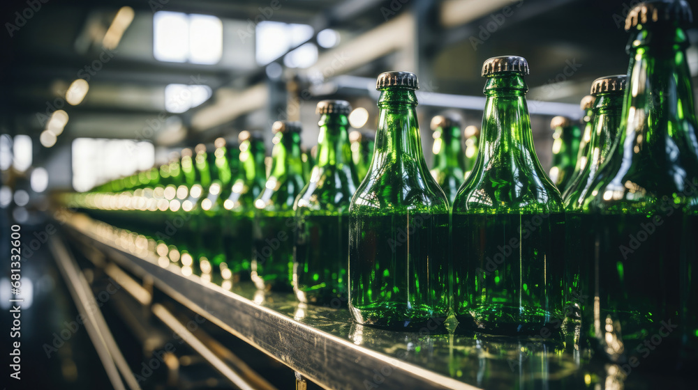 Green beer bottles on the production line, horizontal photo shows group of green beer bottles.factory background