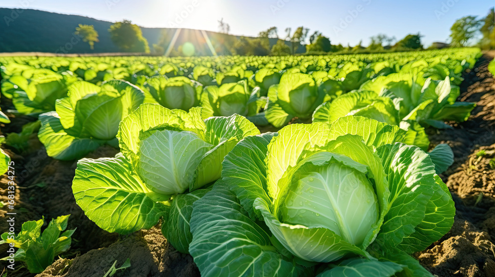 cabbage field in the summer, long rows of green beds with growing cabbage or lettuce in a large farmers field