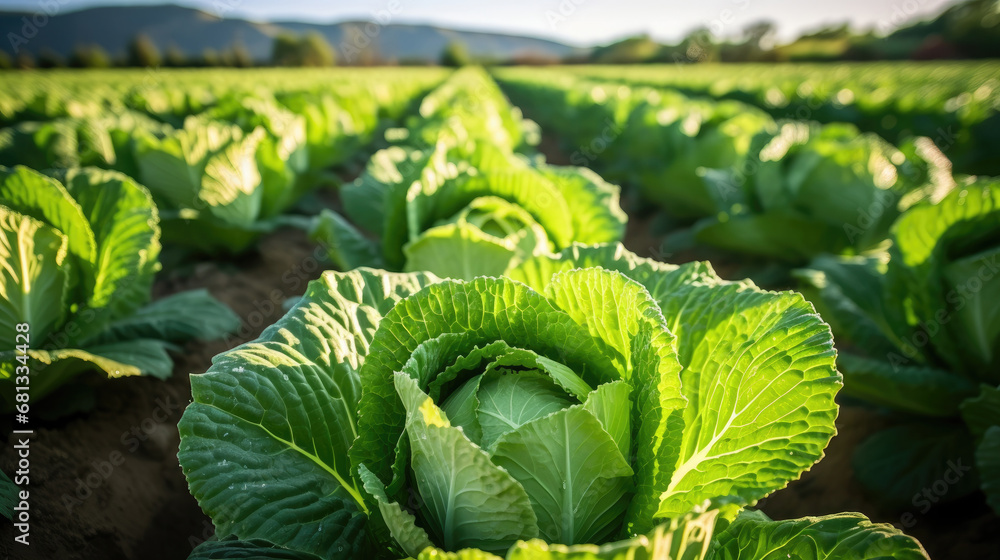 cabbage field in the summer, long rows of green beds with growing cabbage or lettuce in a large farmers field