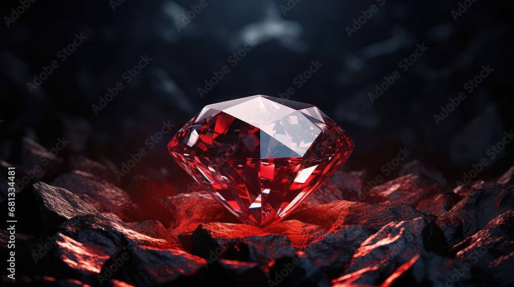 red Diamond jewel on dark red background. Beautiful light red gemstone sapphire on a dark background