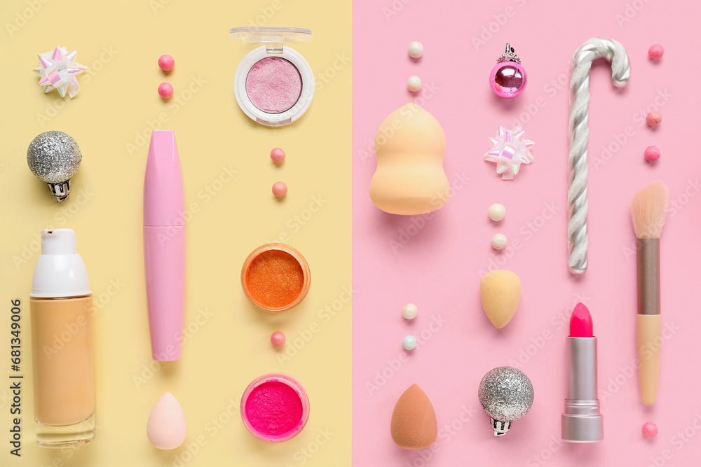 Composition with different cosmetic products, makeup accessories and Christmas decorations on color background