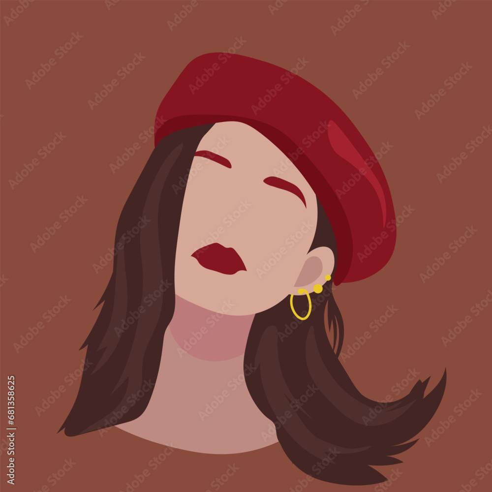 Pretty fashionable woman in beret on brown background