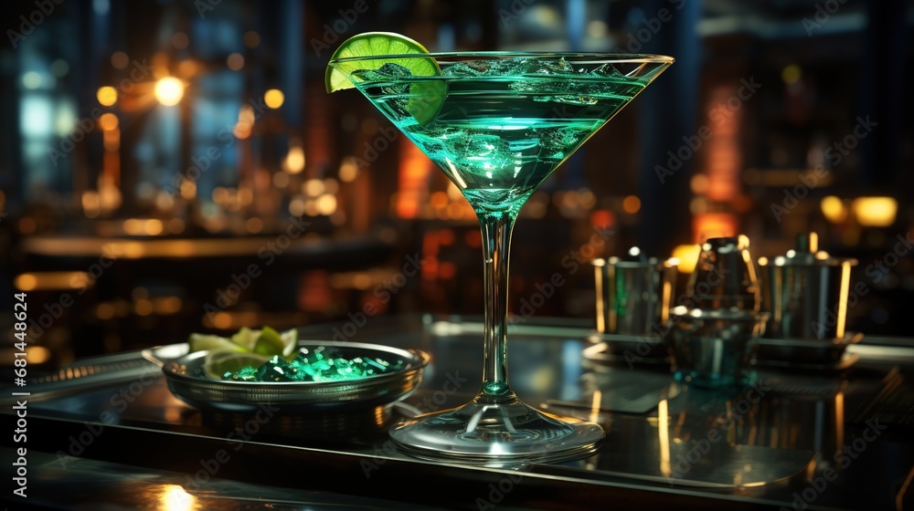 Close-up of a glass on a high stem with an exotic green cocktail with ice and lemon on the bar counter. Generative AI