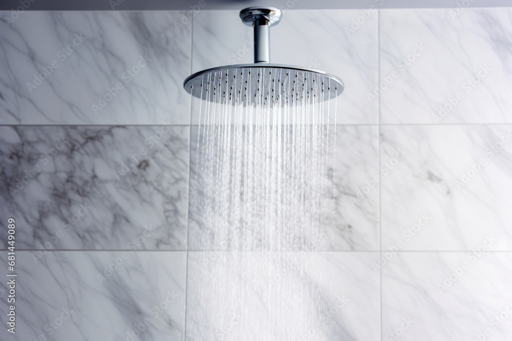 Rain shower head dispensing water in marble bathroom