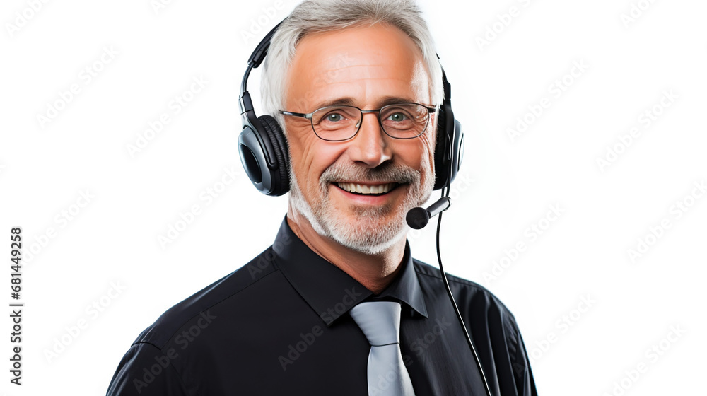 Male customer service representative in headset consulting clients online. Call center agent. Generative AI