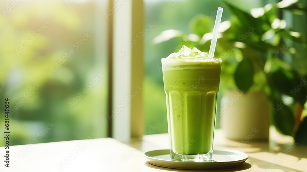 Closeup of iced matcha latte in a stylish glass on sunny background in front of the window in a cafe. Generative AI