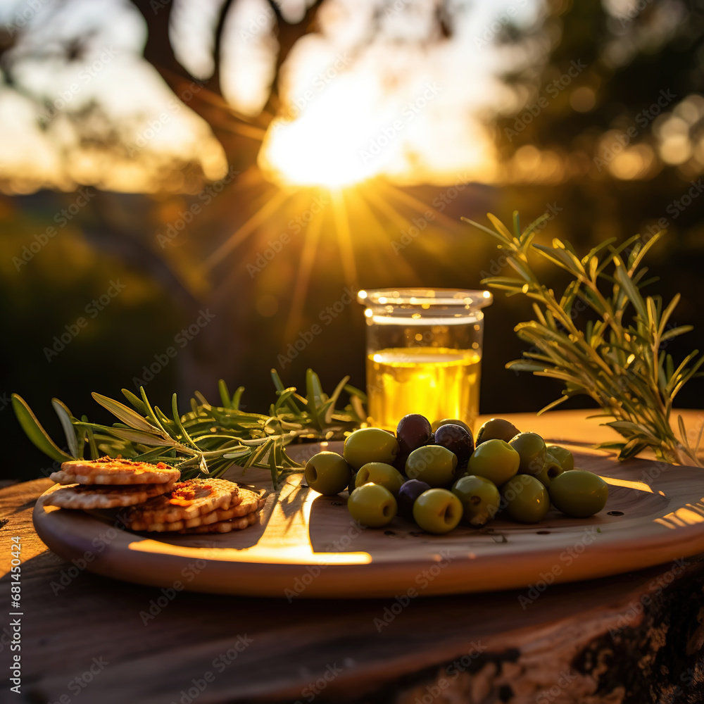 Closeup of organic ripe olives with herbs on a wooden plate in the garden at sunset. Generative AI