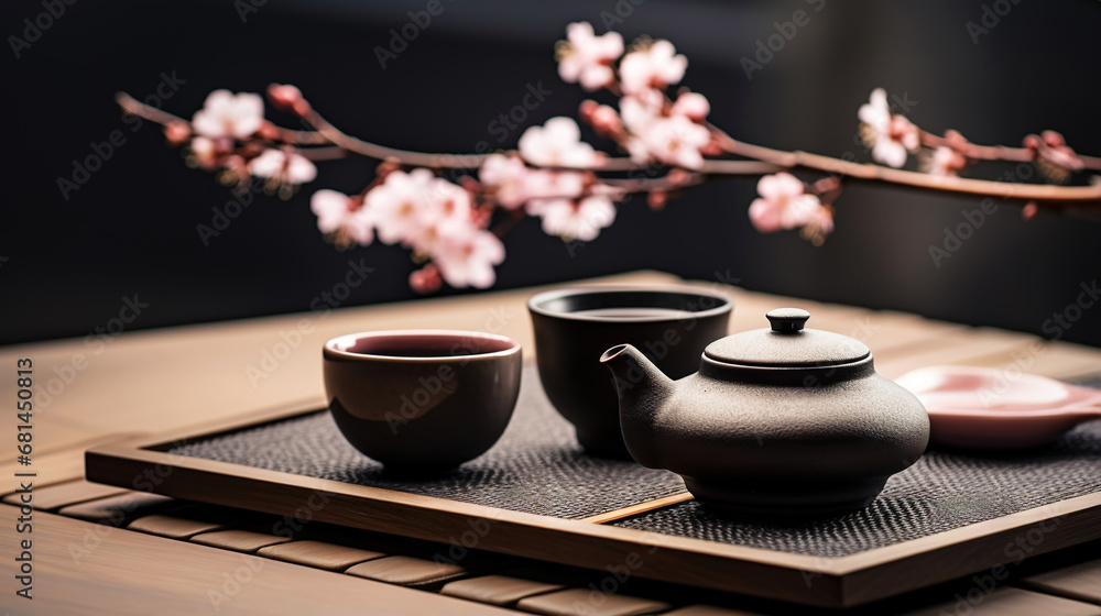 Tea ceremony, traditional teapot and ceramic cups on wooden tray on dark background with sakura blossoms. Generative AI