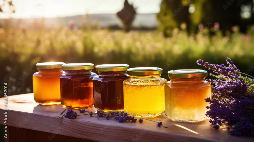 Jars of organic flower honey on a wooden table, with lavender, sunset in the background. Generative AI