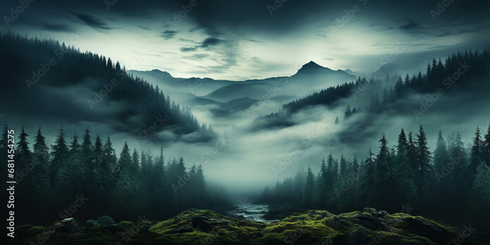 Misty mountain landscape with fir forest in vintage retro style. Generative AI