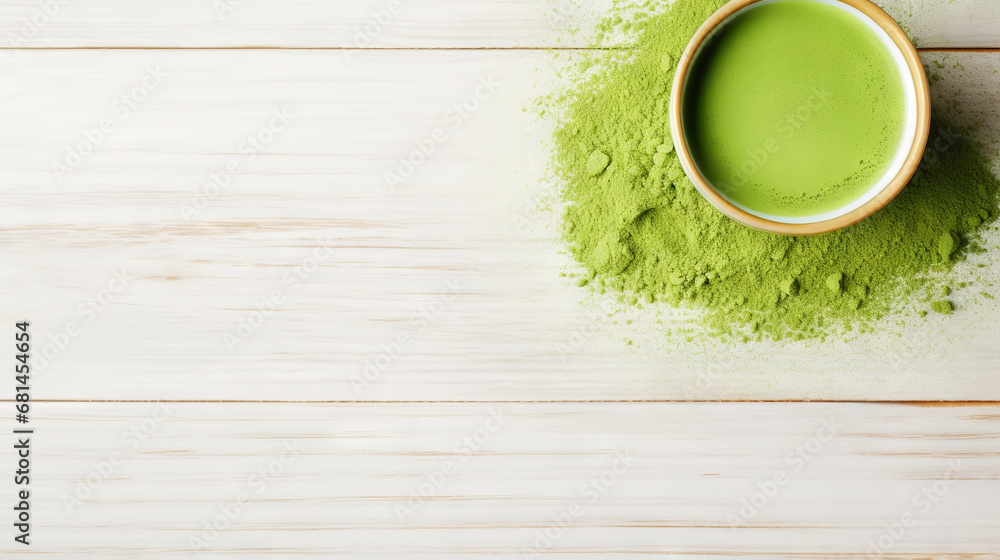 Matcha tea powder in a wooden plate on light wooden background with whisk, top view, copy space. Generative AI