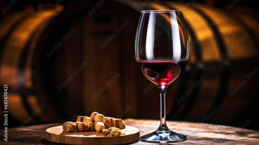 Glass of red wine with a blurred background of cellar, wine-vault with barrels. Generative AI