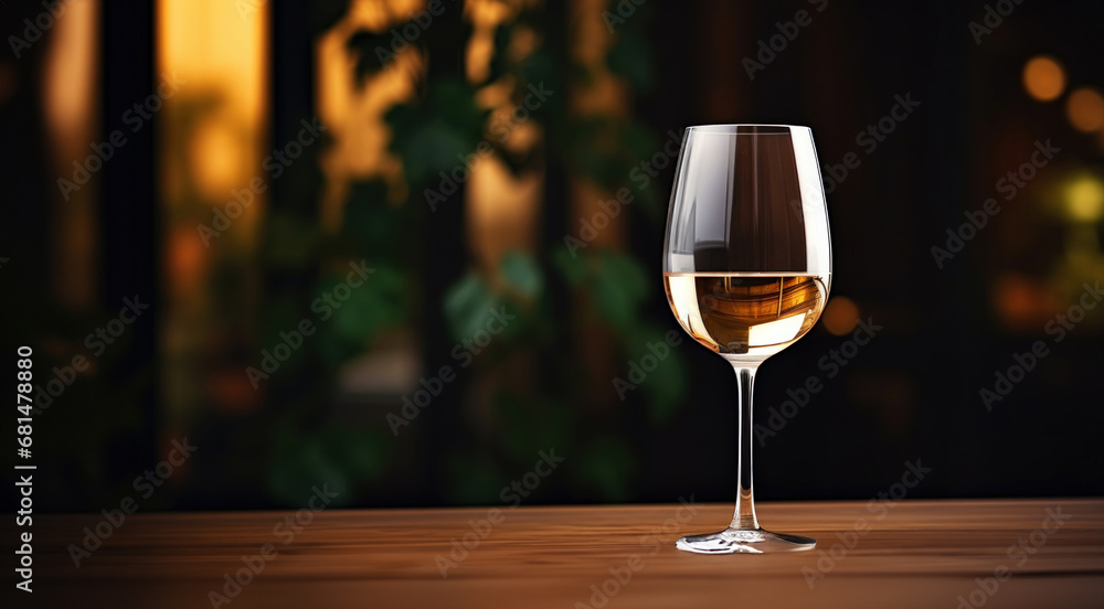 Elegant glass of white wine on blurred bar background. Wine industry concept. Generative AI