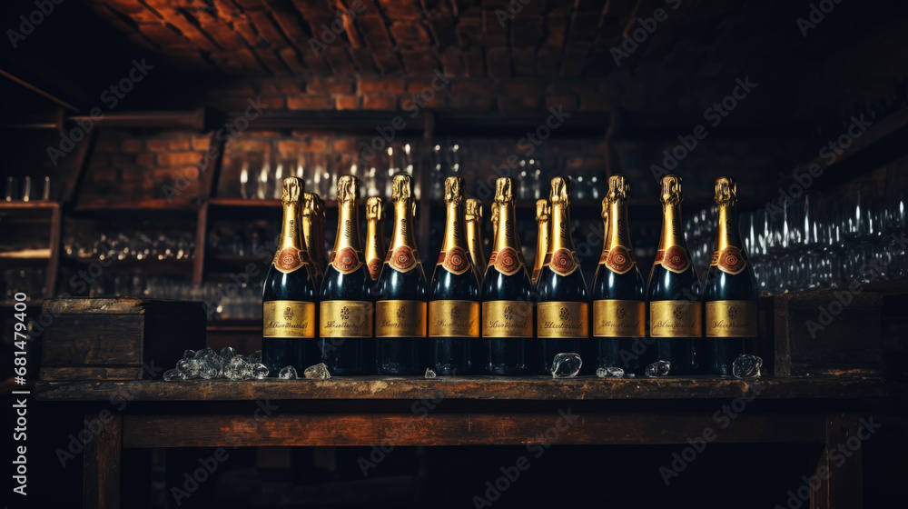 Group of old wine bottles in the ancient cellar. Vinery concept. Front view. Generative AI