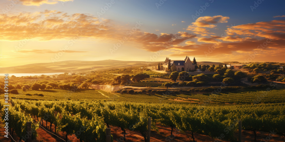 Vineyard landscape with an old winery building on a hill in a sunset sun rays. Rows of grapes. Generative AI