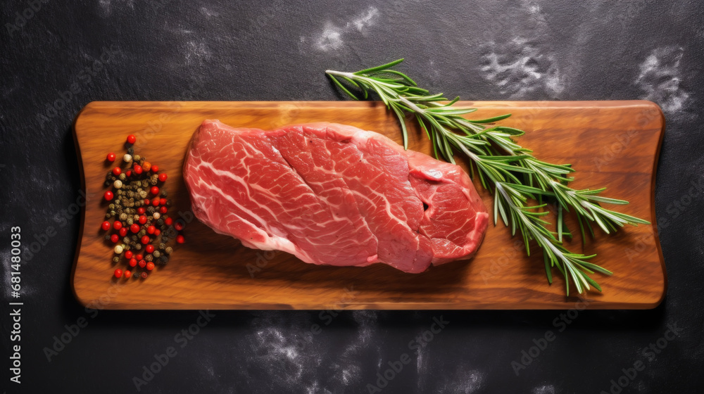 Raw fresh entrecote meat from ribeye steak on a wooden board with spices and rosemary. Dark background. Generative AI