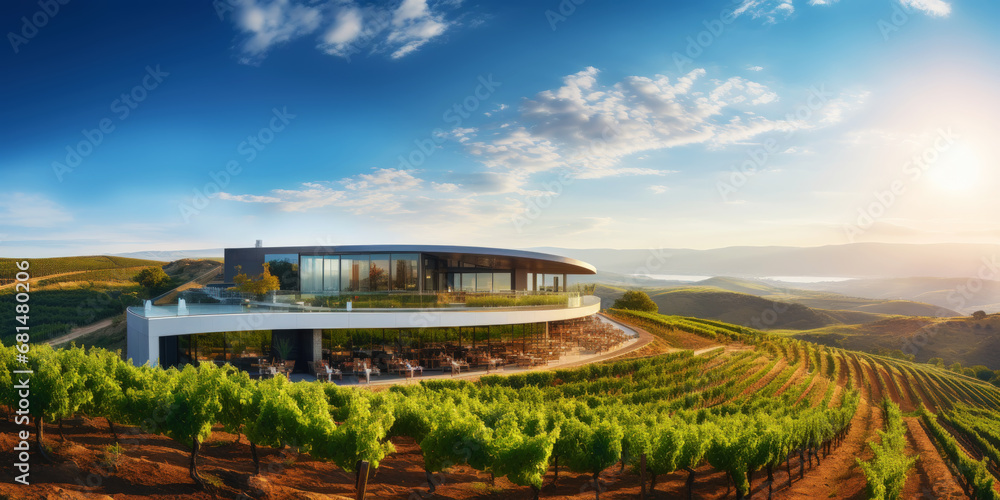 Vineyard landscape with a modern winery building on a hill under stunning sky. Rows of grapes. Generative AI