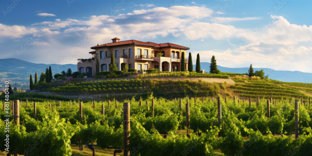 Vineyard landscape with a winery building on a hill under stunning sky. Rows of grapes. Generative AI