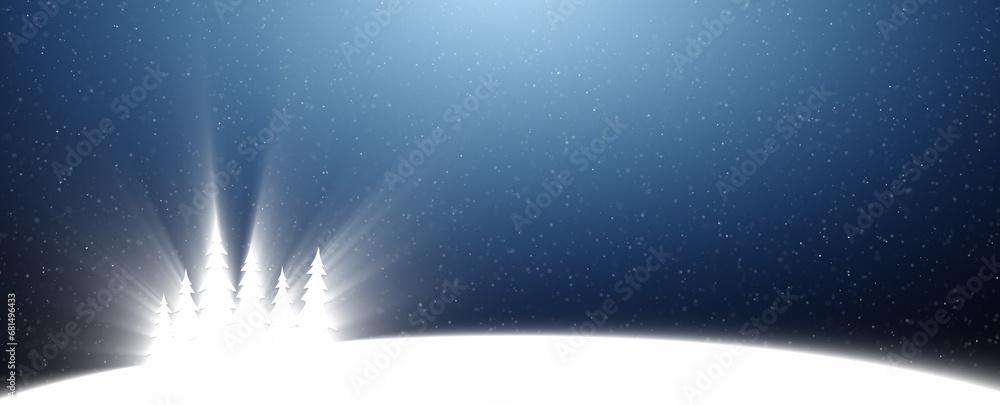 Magic shining snowy trees with loop snowfall copy space sky background.