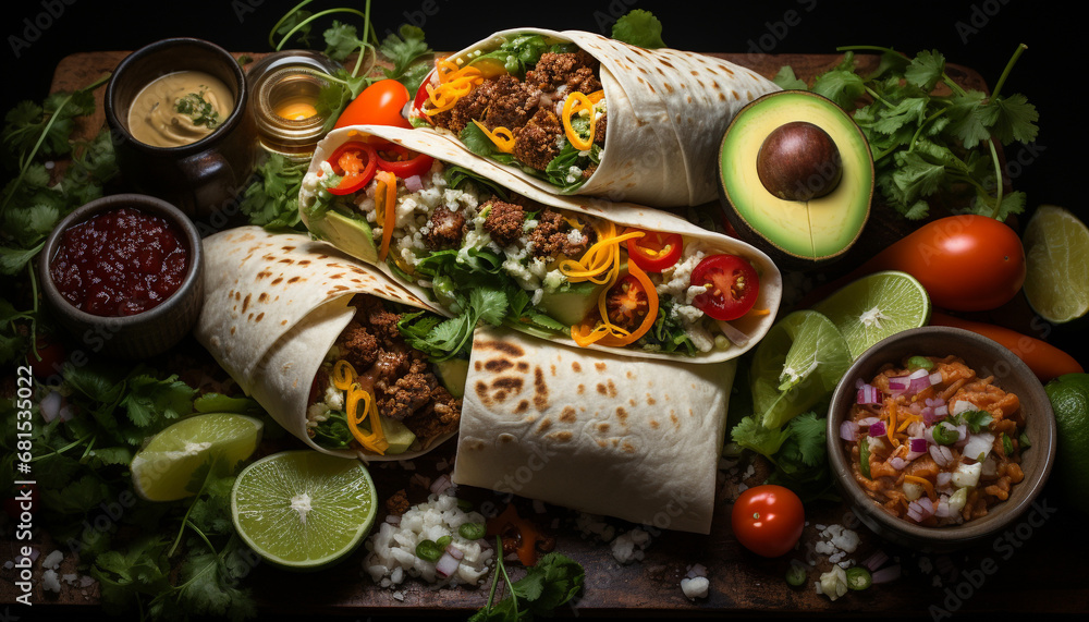 Homemade beef taco on rustic tortilla, ready to eat Mexican meal generated by AI